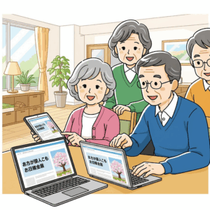 日本人のシニアが楽しく広告が表示されなく快適なインターネットを楽しんでいる様子の画像をお願いします