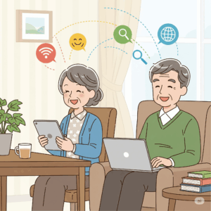 日本人のシニアが楽しく広告が表示されなく快適なインターネットを楽しんでいる様子の画像をお願いします